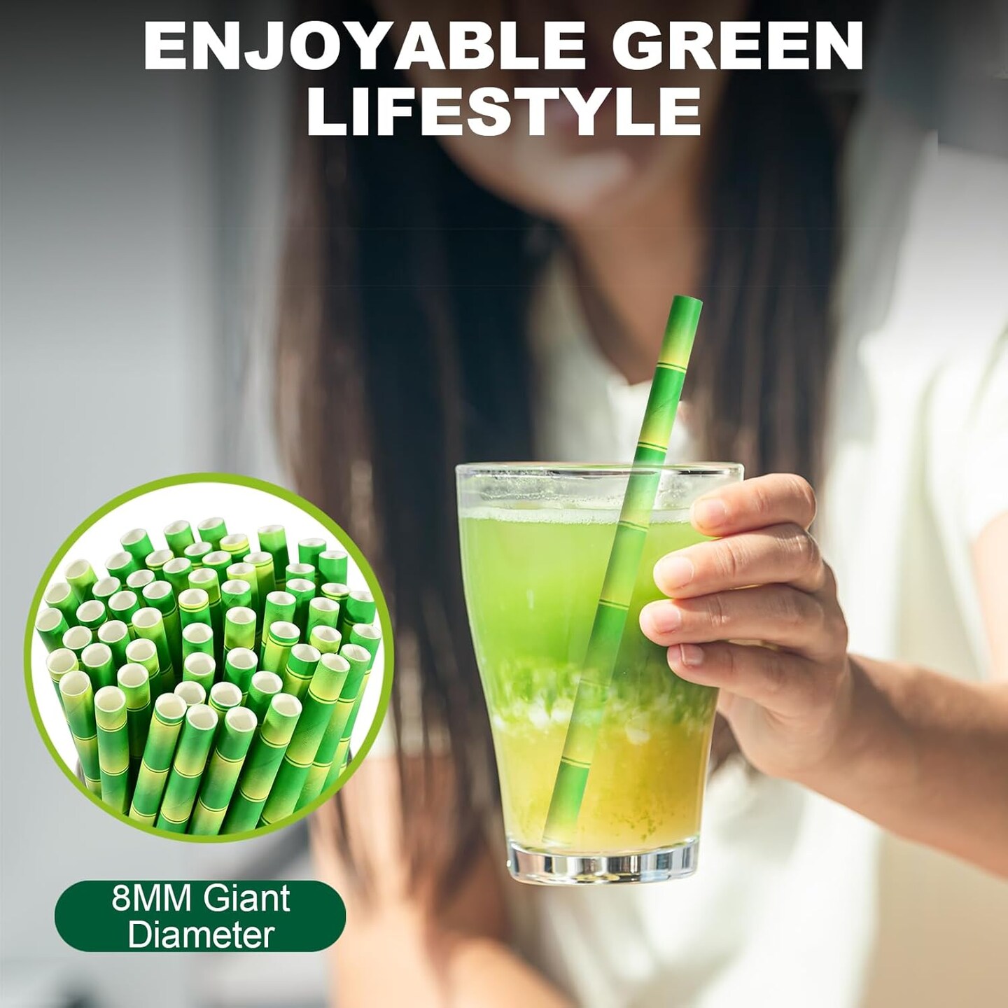 5.75" x 0.31" Green Bamboo Disposable Paper Drinking Straws for Short Drinks, Blended Cocktails, Margaritas, Smoothies, Milkshakes - Unwrapped
