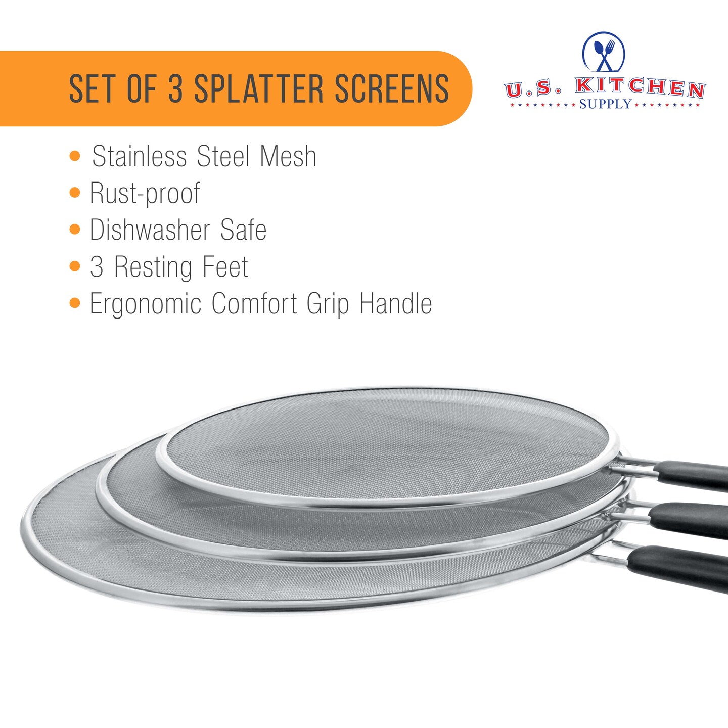 3-Piece Stainless Steel Splatter Guard Set (13&#x22;, 11.5&#x22;, 9.5&#x22;) Fine Mesh Cover, Grease &#x26; Oil, Splatter Screen for Frying Pan, Cooking Pots, with Resting Feet &#x26; Comfort Grip Handles