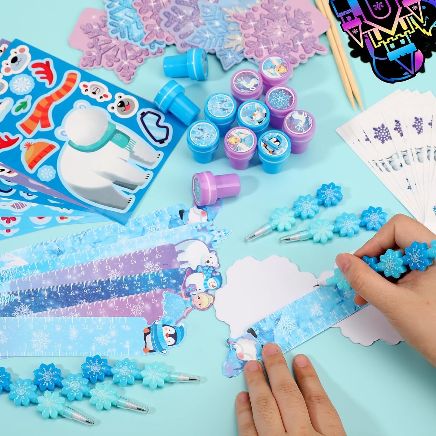 BenLouis 216Pcs Frozen School Stationery Party Favors Winter Snowflake Themed Classroom Gift Reward Prizes Bulk for Students Kids Holiday Frozen Birthday Goodie Bag Stuffers Pinata Filler