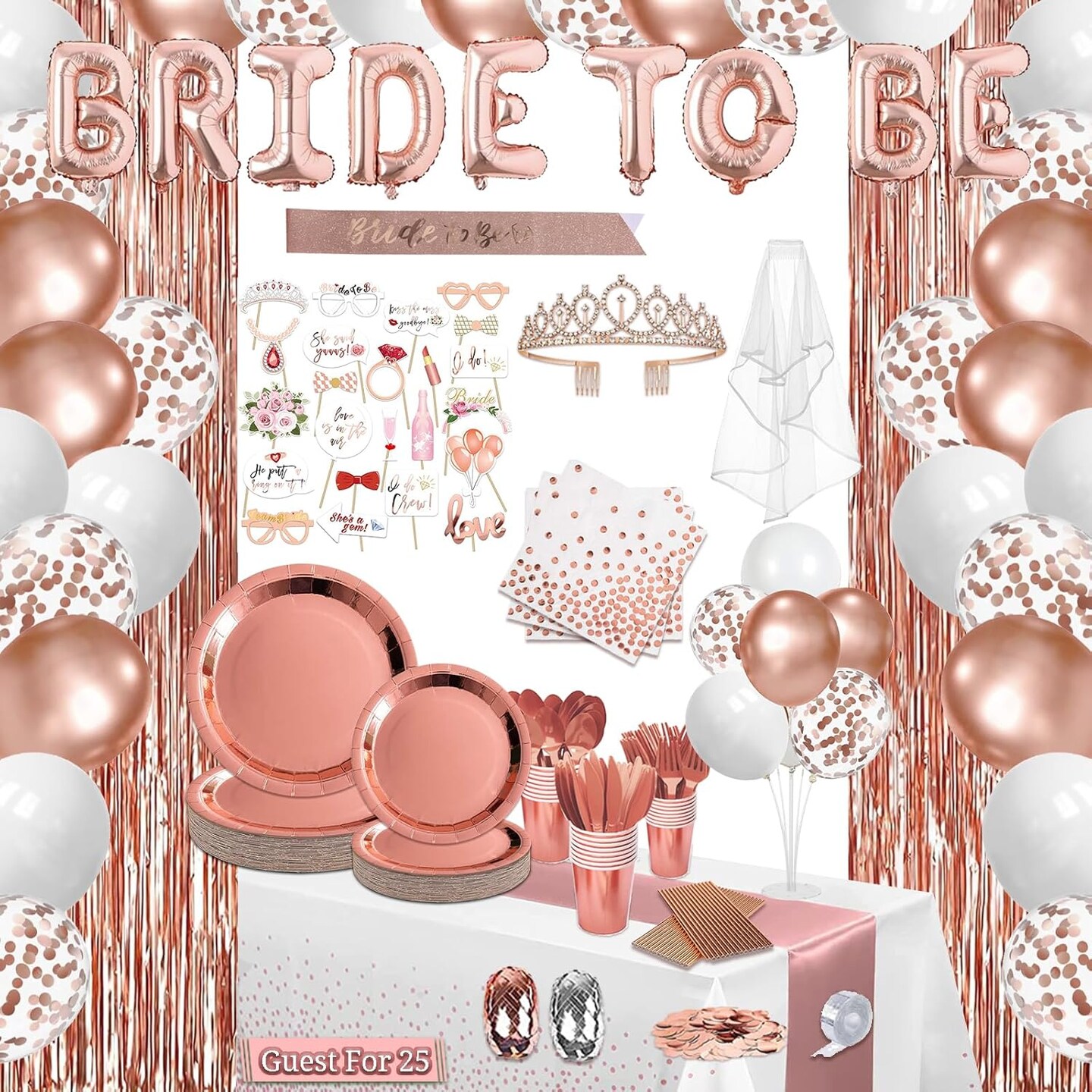 274 Pcs Rose Gold Bridal Shower Decorations, Bachelorette Party Decorations Favors - &#x22;BRIDE TO BE&#x22; Banner, Veil, Balloon, Photo Props, Tableware with Rose Gold for 25 Guests