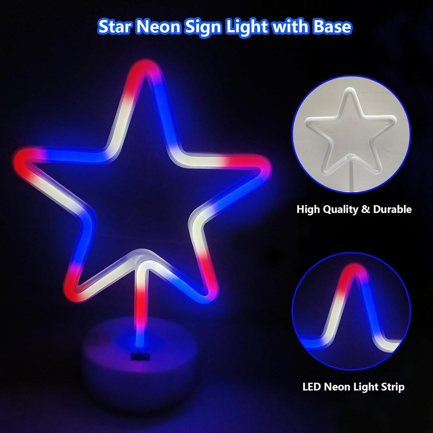 Summer Star Neon Lights – Red, White, and Blue LED Star Sign with Holder Base, USB or Battery Powered Table Light for Bedroom, Home Decor, and Summer Gatherings