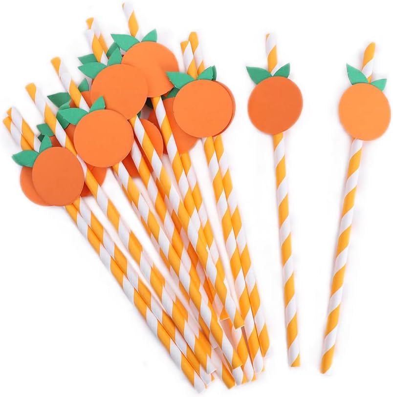 Orange Paper Straws - Biodegradable Disposable Drinking Striped Paper Straws 15 Pieces, Little Cutie Straws, Little Cutie Baby Shower Decorations, Little Cutie Themed Birthday Decorations