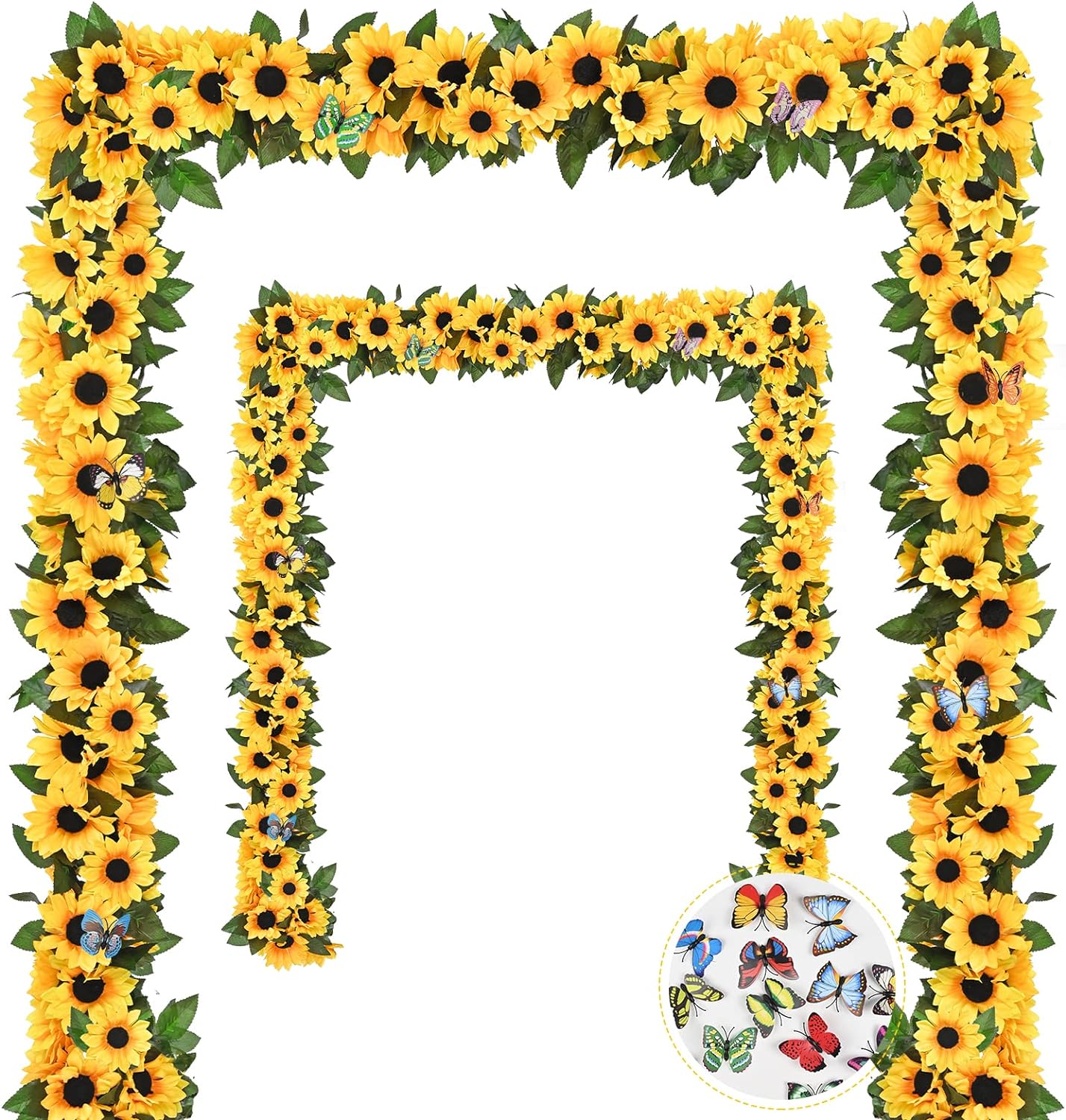 2 Pack Summer Artificial Sunflower Garlands &#x2013; Bright Yellow Floral Vines with Butterflies &#x26; Green Leaves for Summer Wedding, Party, and Outdoor Decor