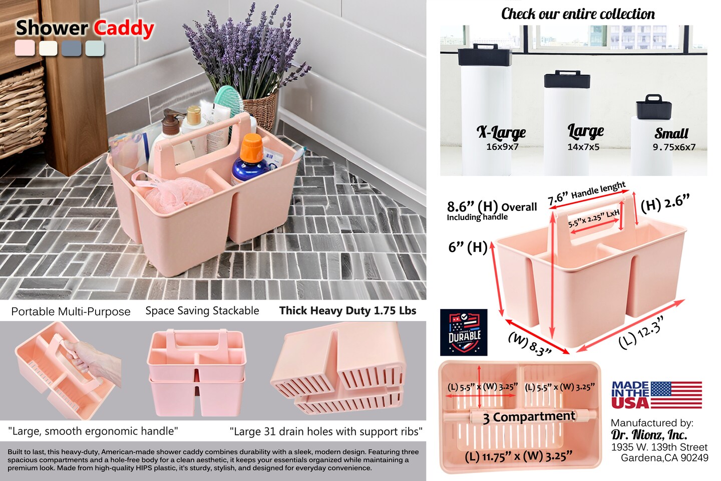 Enjoy Organizer | Shower Caddy Organizer with Handle, 3 Compartments, Portable Storage Bin for Bathroom, Dorm, Gym -Made In USA