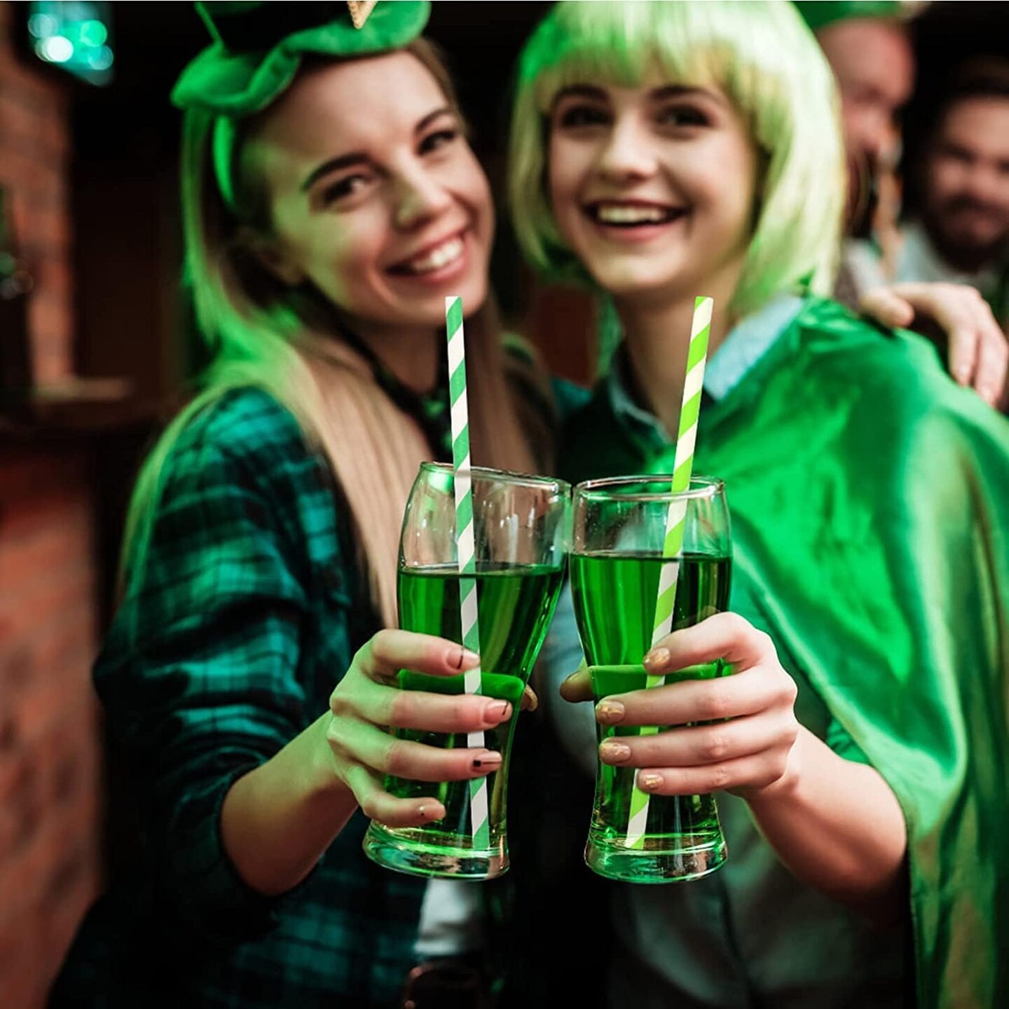 Forest Green Striped Paper Straws, Premium [100 Pack] Disposable Green And White Striped Paper Drinking Straws for Christmas Spring Party Supply