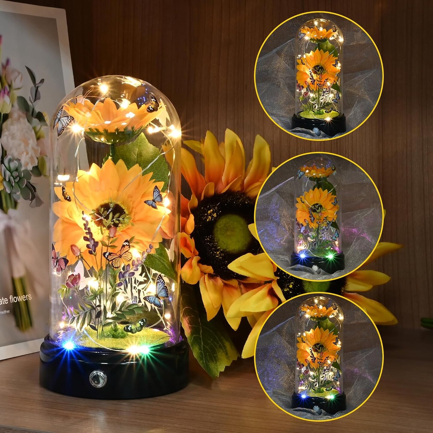 Sunflower Gifts for Women,Yellow Artificial Sunflowers with LED Light in Glass Dome,Cute Sunflower for Christmas,Birthday, Mother&#x27;s Day, Valentine&#x27;s Day