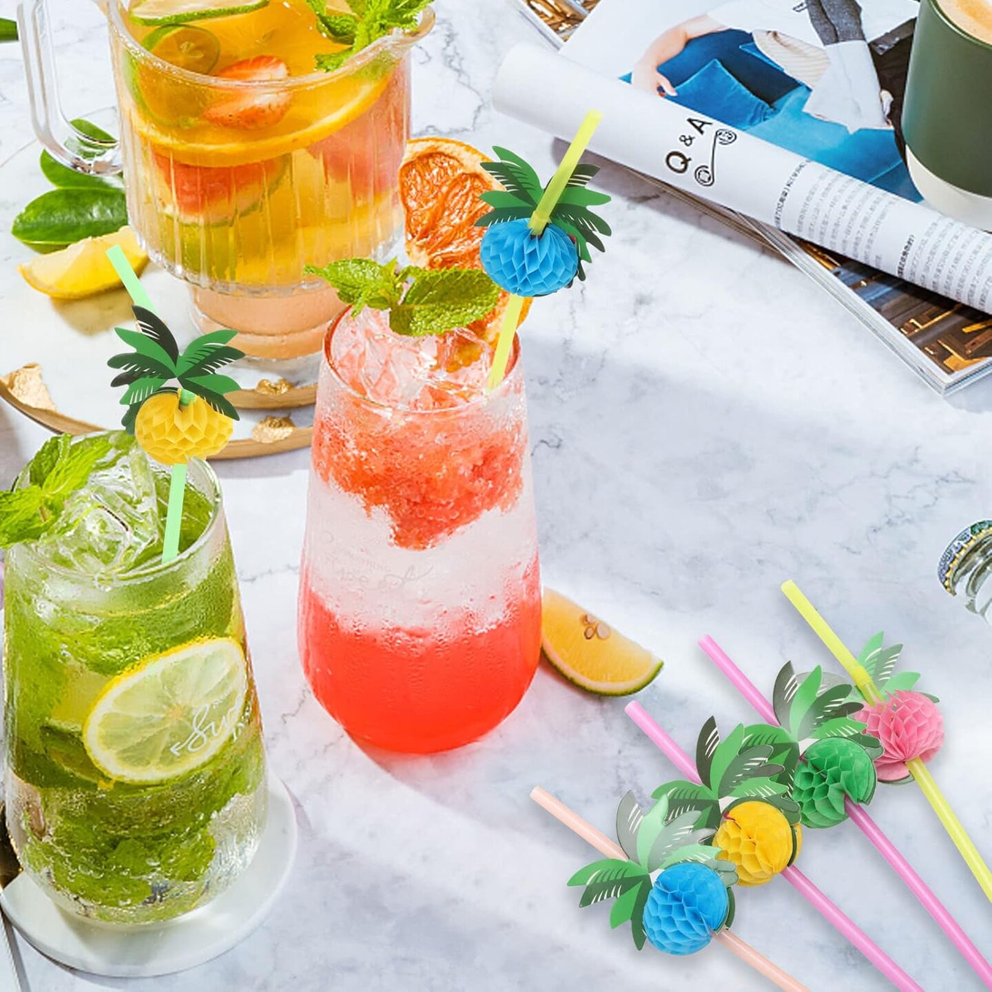 100pcs Coconut Tree Drinking Straws, Disposable Honeycomb Plastic Straws, Tropical Hawaiian Beach Cocktail Pool Luau Party Decorations Supplies