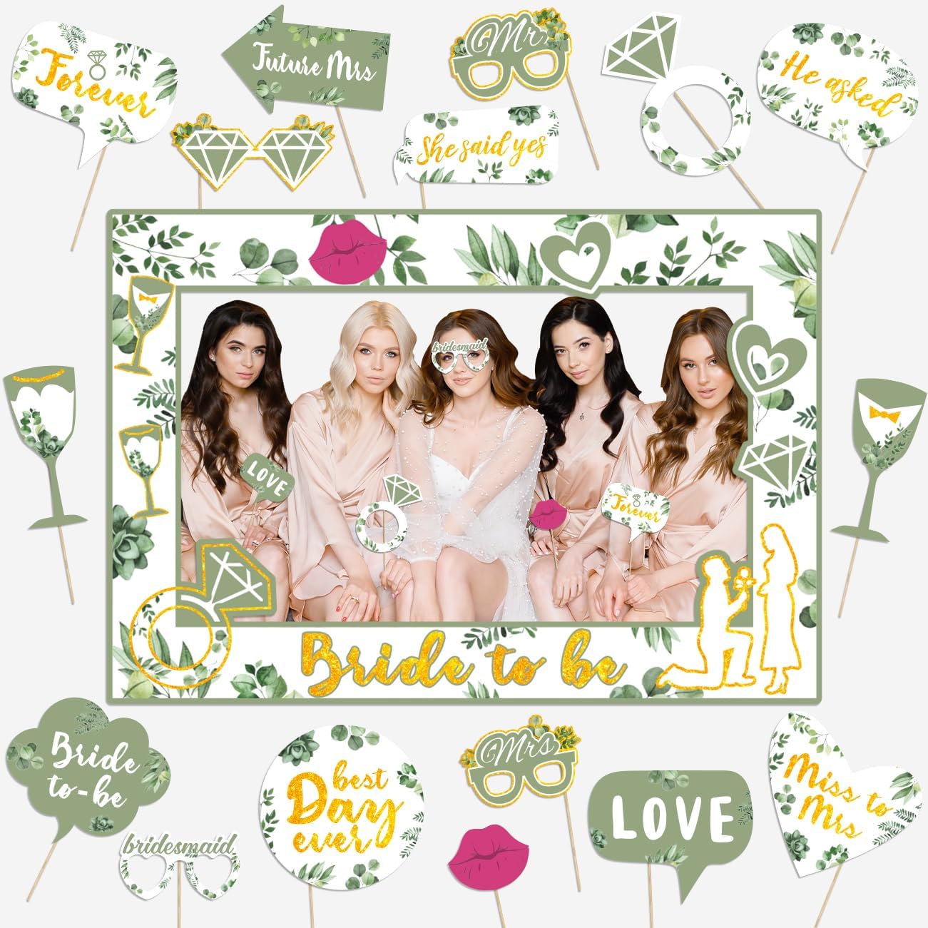 Bridal Shower Decorations Sage Green Wedding Decorations Engagement Party Decorations She Said Yes Party Photo Booth Frame &#x26; Props for Wedding Party Supplies