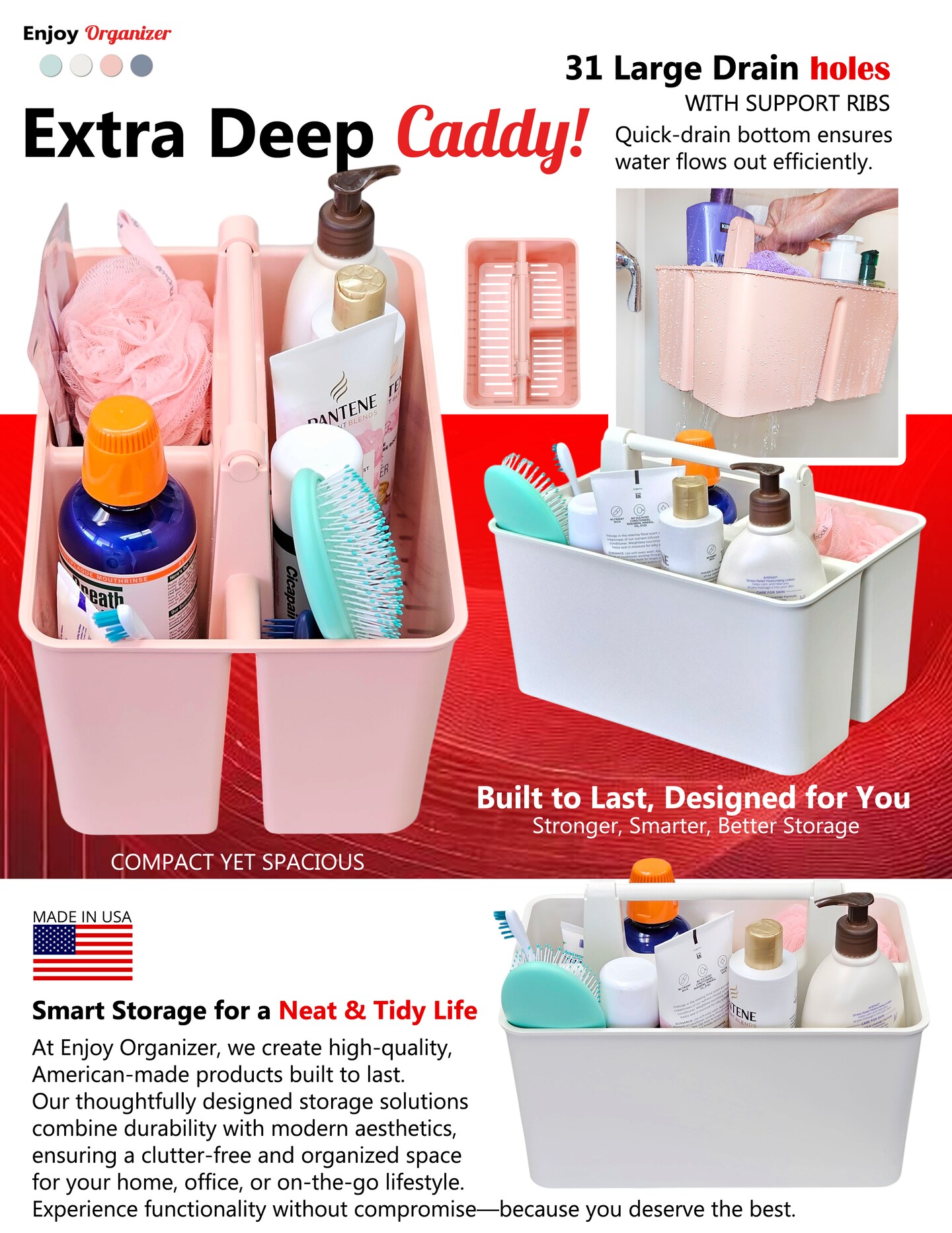 Enjoy Organizer | Shower Caddy Organizer with Handle, 3 Compartments, Portable Storage Bin for Bathroom, Dorm, Gym -Made In USA