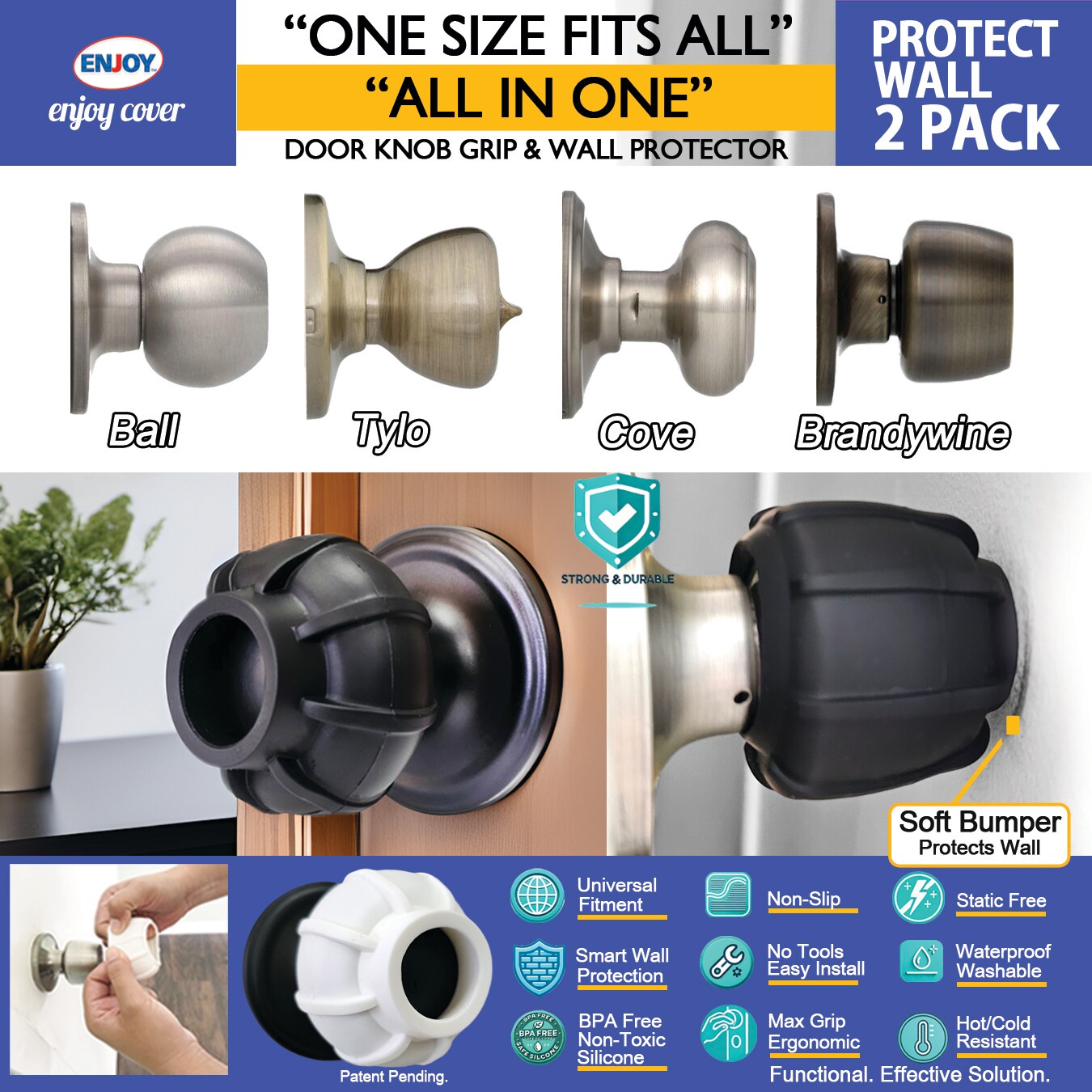 Enjoy Cover | Door Handle Grip Doorstop Knob Stopper Cover, Set of 2 Door Knob Grips Universal Size Protects Walls from Dents and Damage