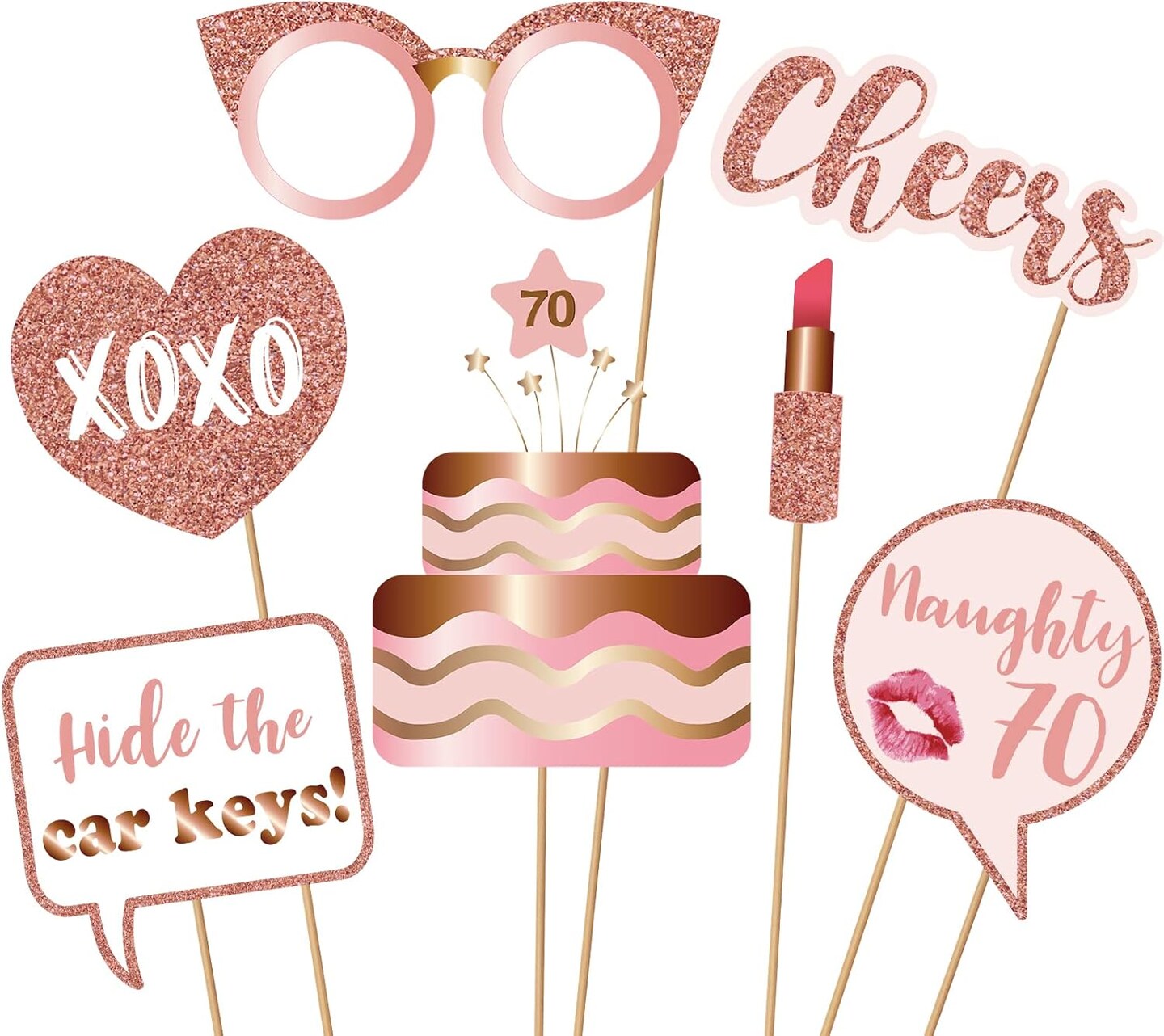 70th Birthday Party Photo Booth Props and Signs, Rose Gold 70 Birthday Party Selfie Props Kit with Sticks for Women