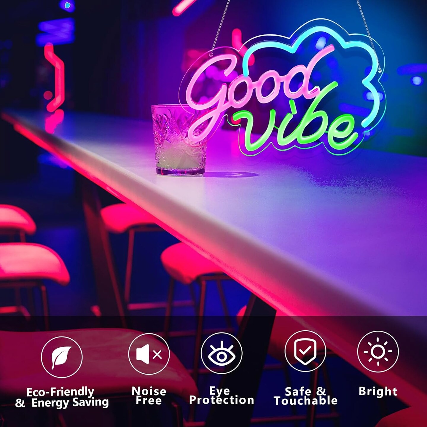 Good Vibe Neon Sign &#x2013; Pink LED Wall Decor for Bedroom, USB Powered &#x26; Dimmable Summer Accent Light