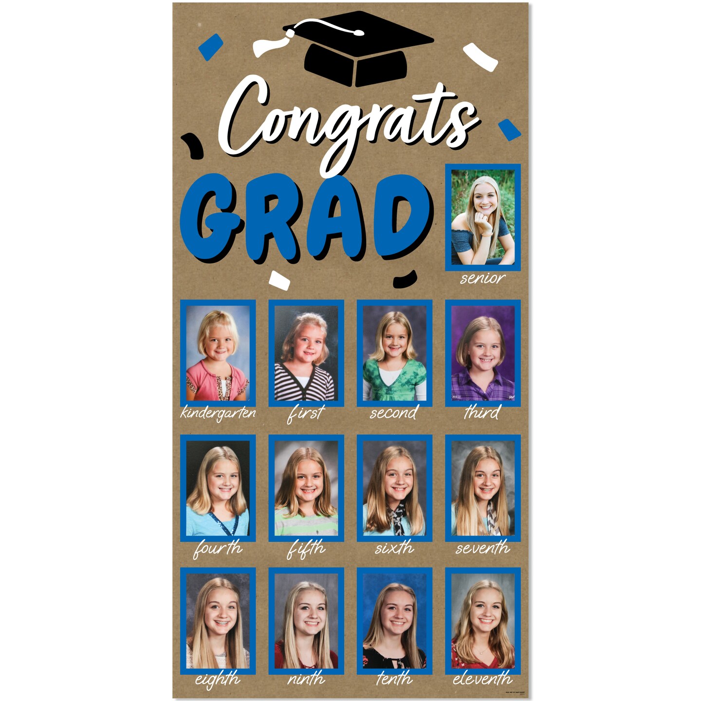 Big Dot of Happiness Blue Grad Kraft Photo Banner, Brown Paper K-12 Timeline Display for 4x6 Pictures, High School Graduation, Memory Banner - 1 Ct