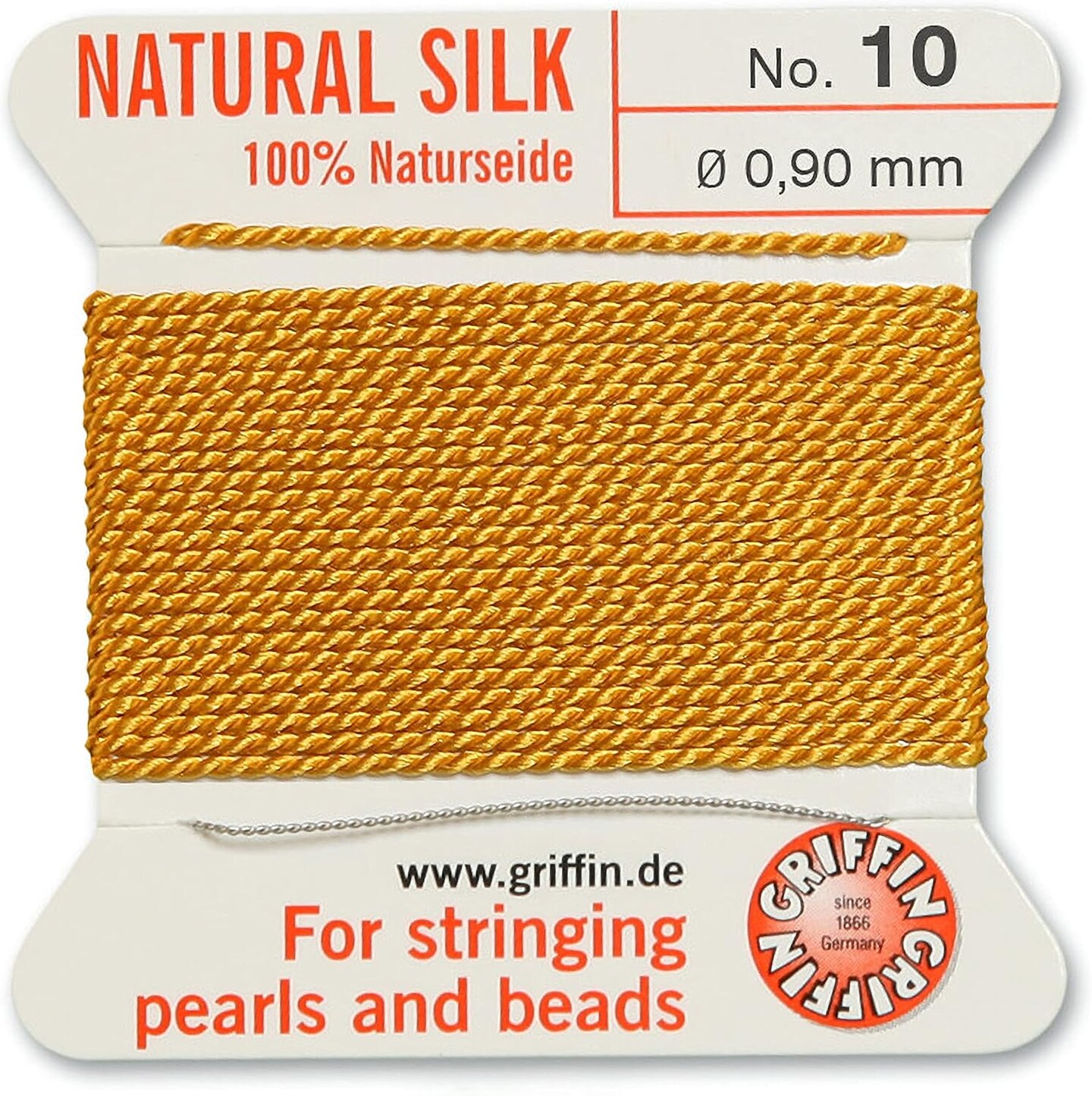 Griffin Silk Bead Cord Perlseide – Size 10 (0.90mm) – 2 Meters per Card – Stainless Steel Needle Attached – for Knotting Pearls, Gemstones, Crystals and Beads