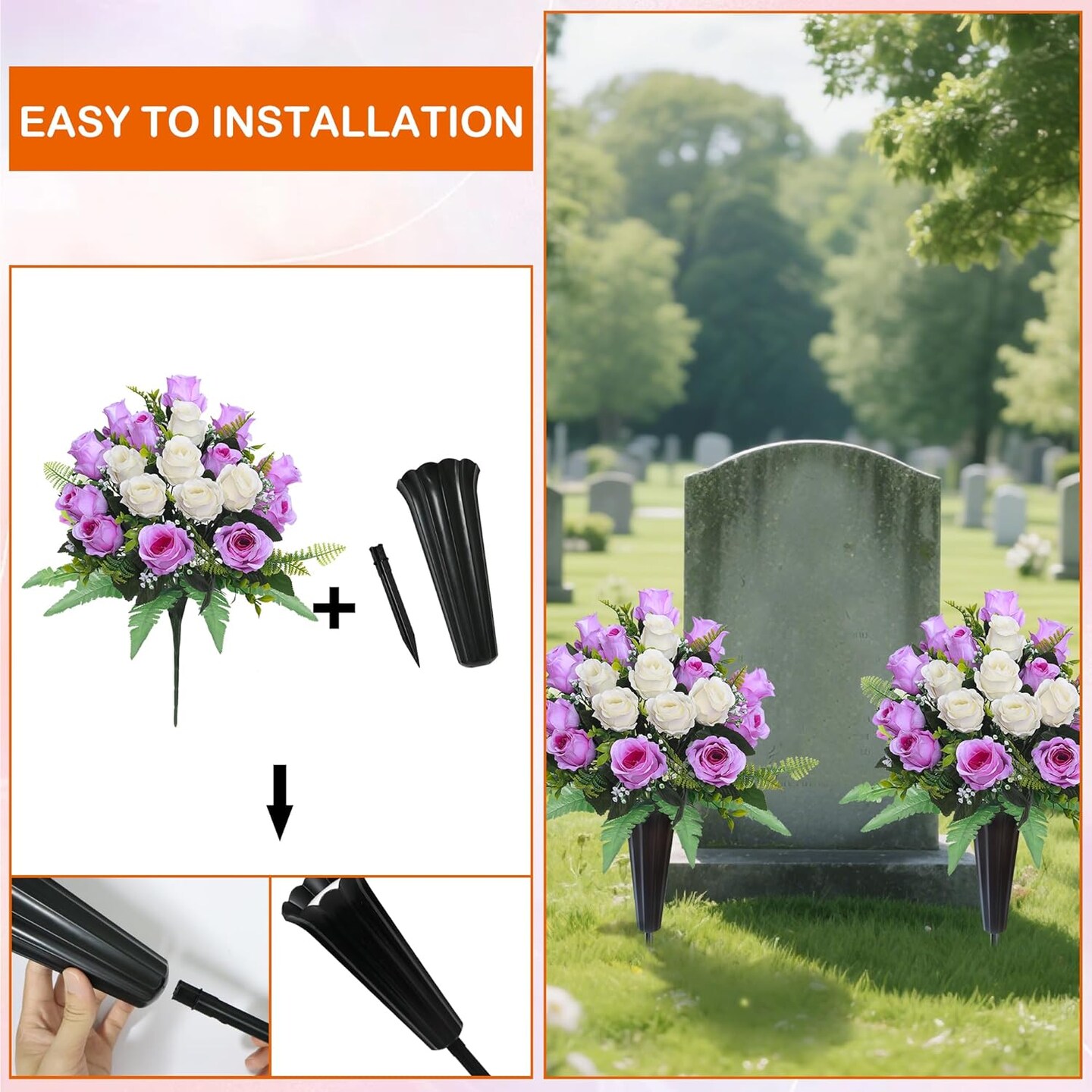 2 Sets Artificial Cemetery Flowers for Grave – Realistic Silk Rose Bouquets with Vase for Headstone and Tombstone Decorations (Purple & White)