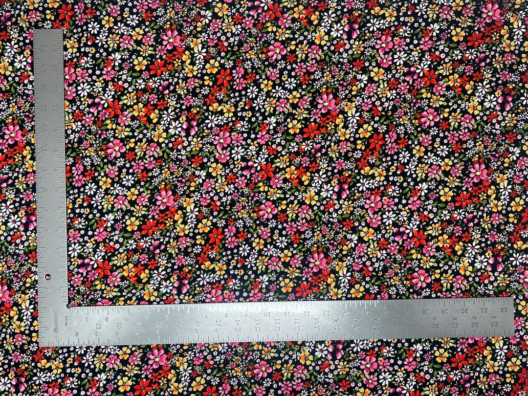 1 Yard 4x2 Brushed Rib Knit Floral Black Print Fabric Soft Stretch ...