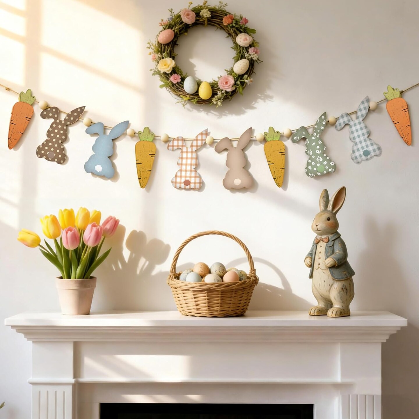 Bunny & Carrot Easter Garland – Wooden Beads Banner for Mantel, Fireplace, Wall & Spring Farmhouse Decorations