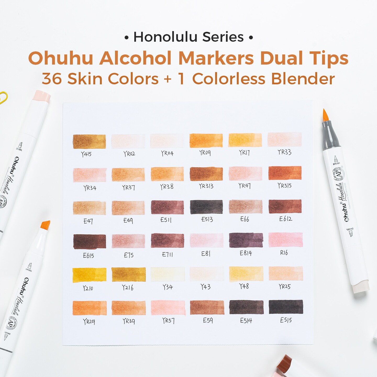 Ohuhu Honolulu 48 Colors + 36 Skin Tones Alcohol-Based Markers, Brush & Chisel, Dual Tips Art Markers Bundle