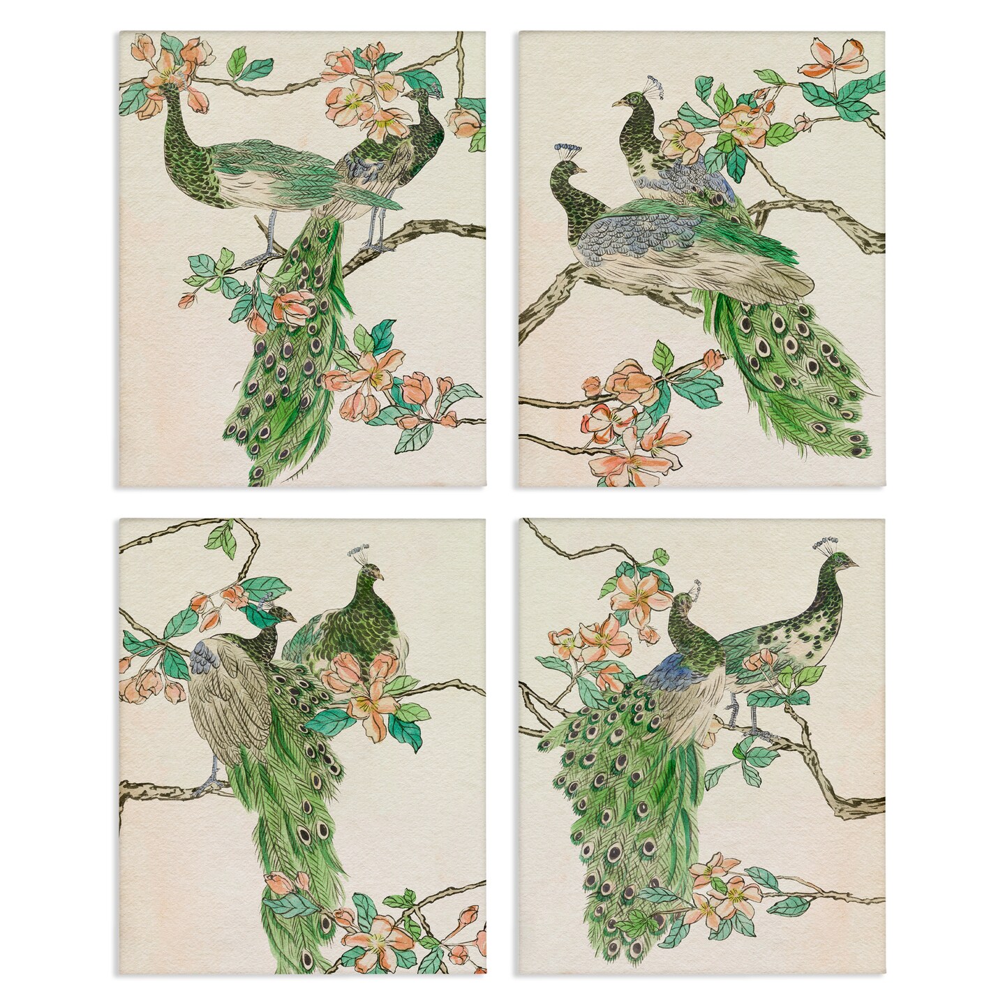 Stupell Industries Traditional Peacocks on Branches 4pc Canvas Wall Art Set Design by Melissa Wang