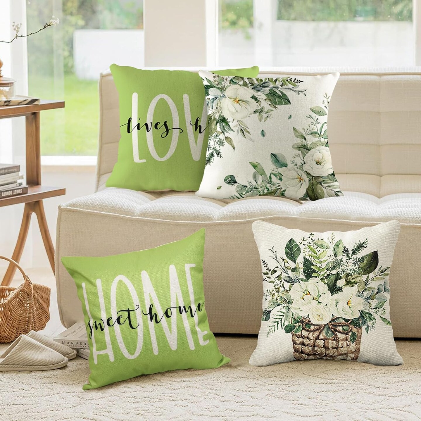 Spring Summer Green Throw Pillow Covers 18x18 Floral Farmhouse Decorative Cushion for Couch Sofa Living Room Set of 4