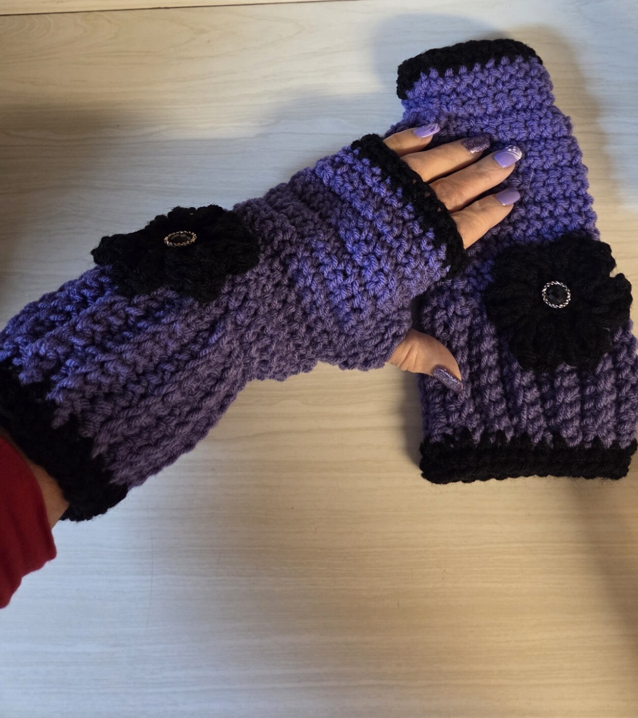 HAND CROCHETED PURPLE AND BLACK FINGERLESS GLOVES MakerPlace by Michaels