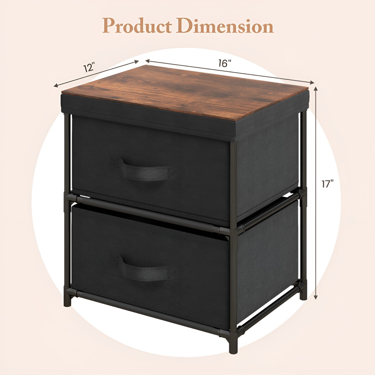 Black 2-Drawer Fabric Dresser Nightstand with Metal Frame and MDF Top 16 Inch - Set of 2