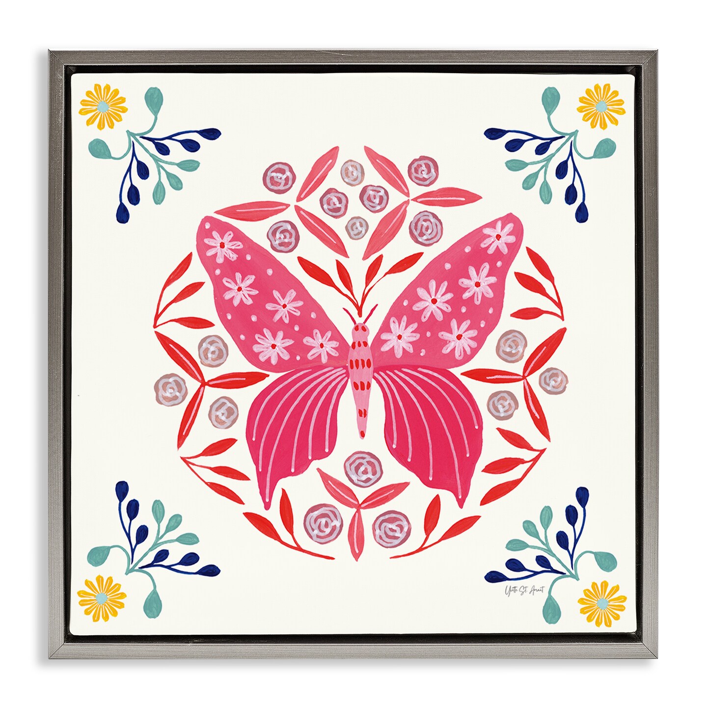 Stupell Industries Pink Folk Butterfly Floater Framed Canvas Wall Art Design by Yvette St. Amant
