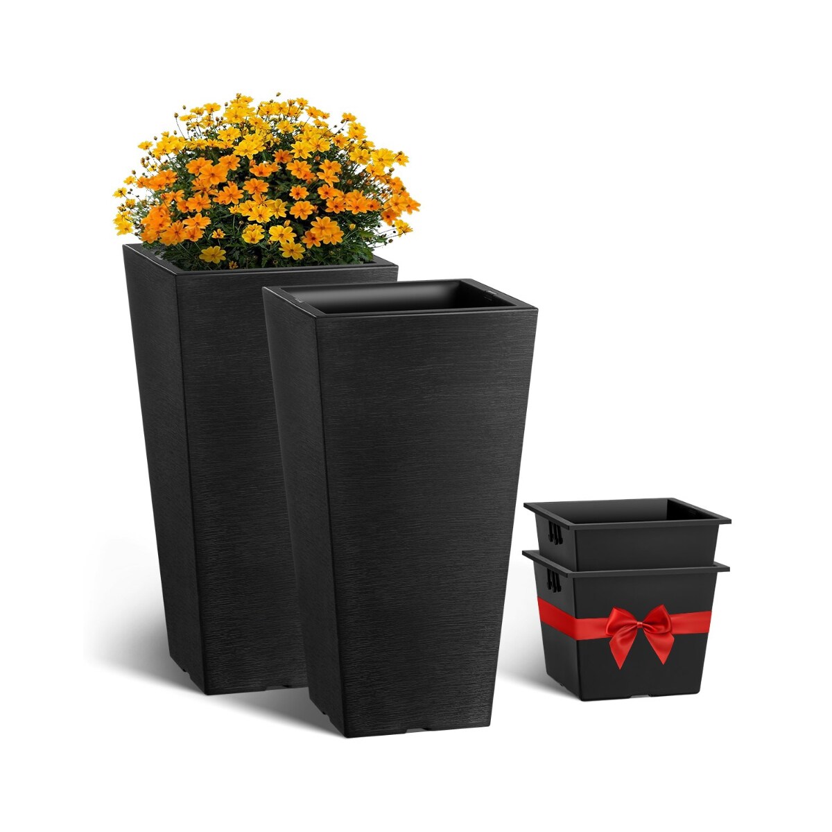 Set of 2 Modern Black Square Tapered Planters with Efficient Drainage for Healthy Plant Growth