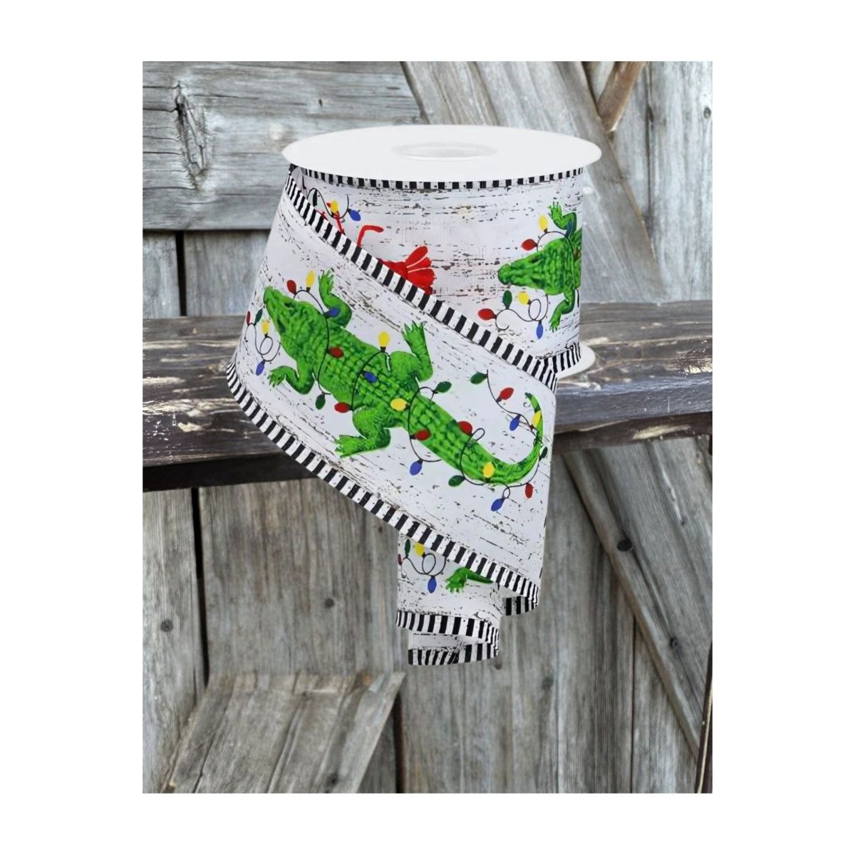 2.5&#x22; Crawfish Alligator Stripe Ribbon: White (10 Yards)
