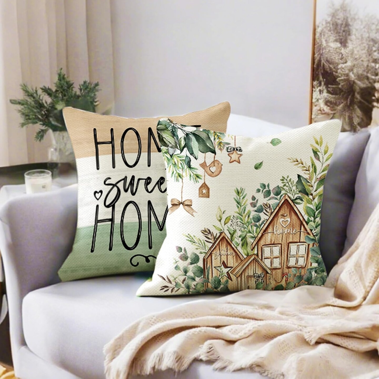 Farmhouse Spring Throw Pillows 18x18 Pillow Cover Set of 4, Colorful Plaid Bless Our Sweet Home Cottage Springtime Summer Seasonal Decorations Cushion Case for Sofa Couch Living Room
