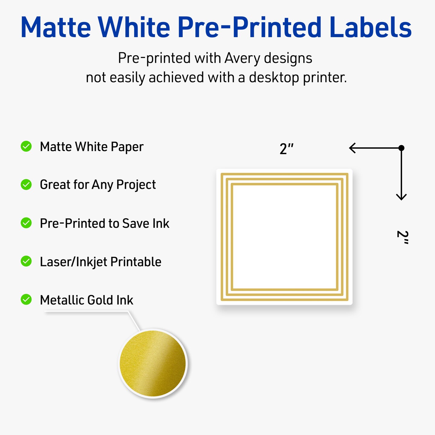 Avery Printable Square Labels, Gold Multi-Lined Border, 2&#x22; x 2&#x22;, Matte White Square Labels, Permanent, Laser/Inkjet, 120ct, Great for Product Labels