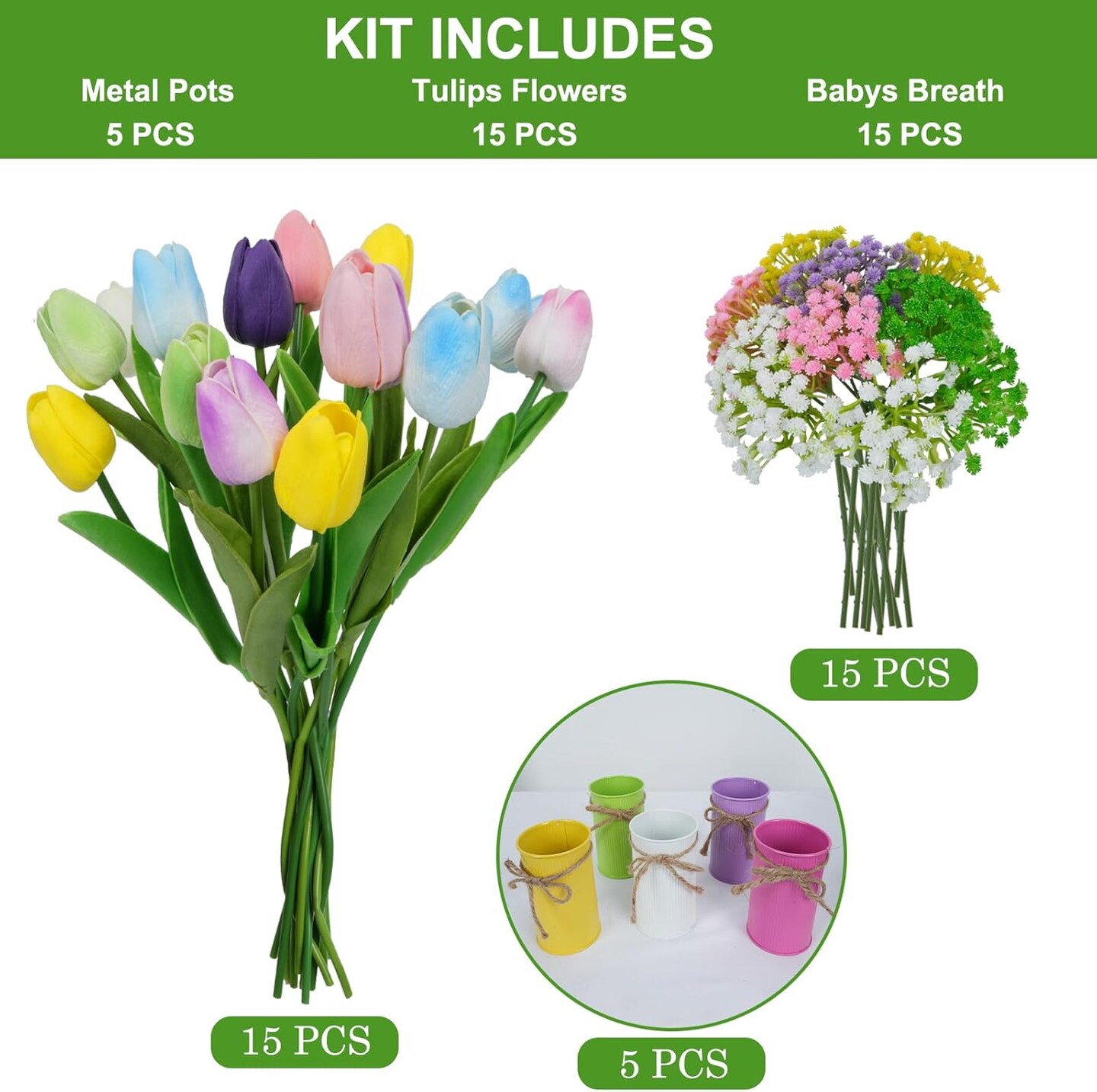 Spring Tulips Table Centerpieces 15PCS Colorful Artificial Tulip with 5 Metal Pot Fake Tulips Potted Flowers in Vase for Spring Easter Table Decor Home Office Wedding Party Bouquet Arrangement