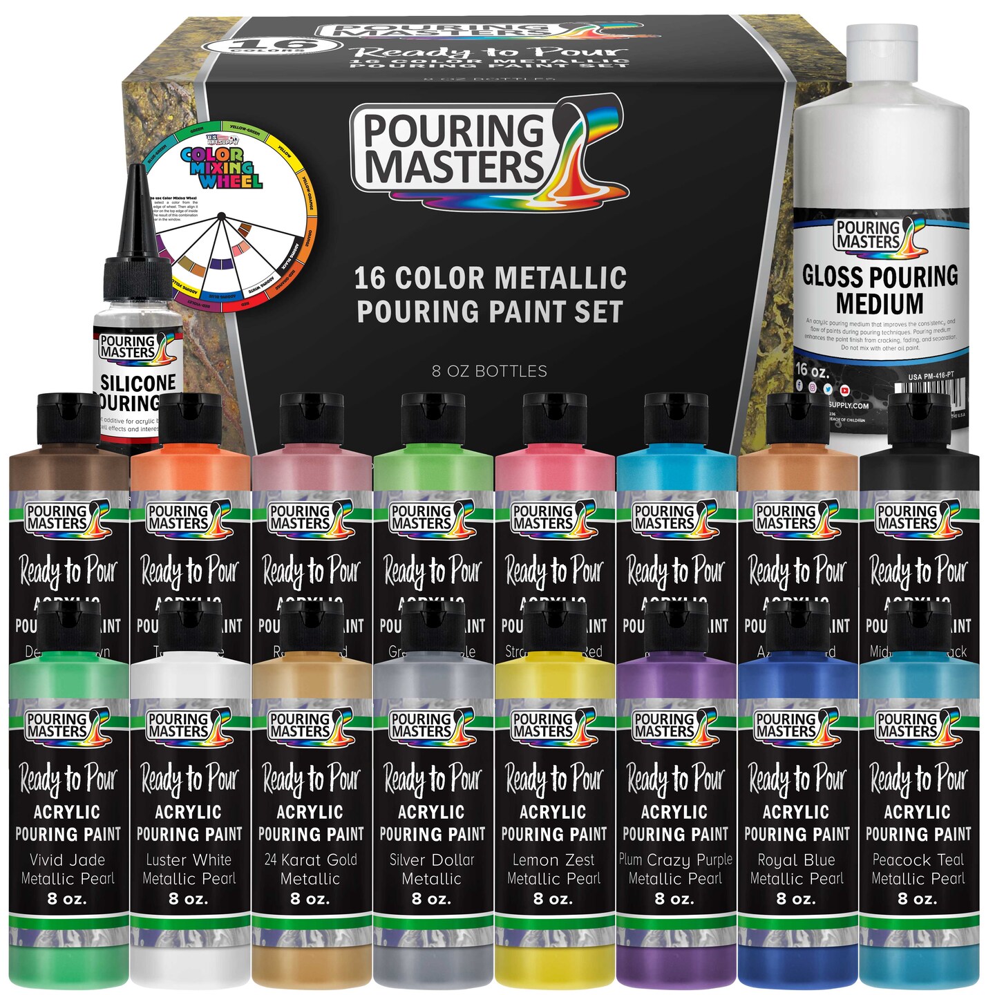 16-Color Ready-to-Pour Acrylic Pouring Paint Set, with Silicone Oil &#x26; Gloss Medium, 8oz Bottles, Pour Paint Supplies for Canvas &#x26; Crafts