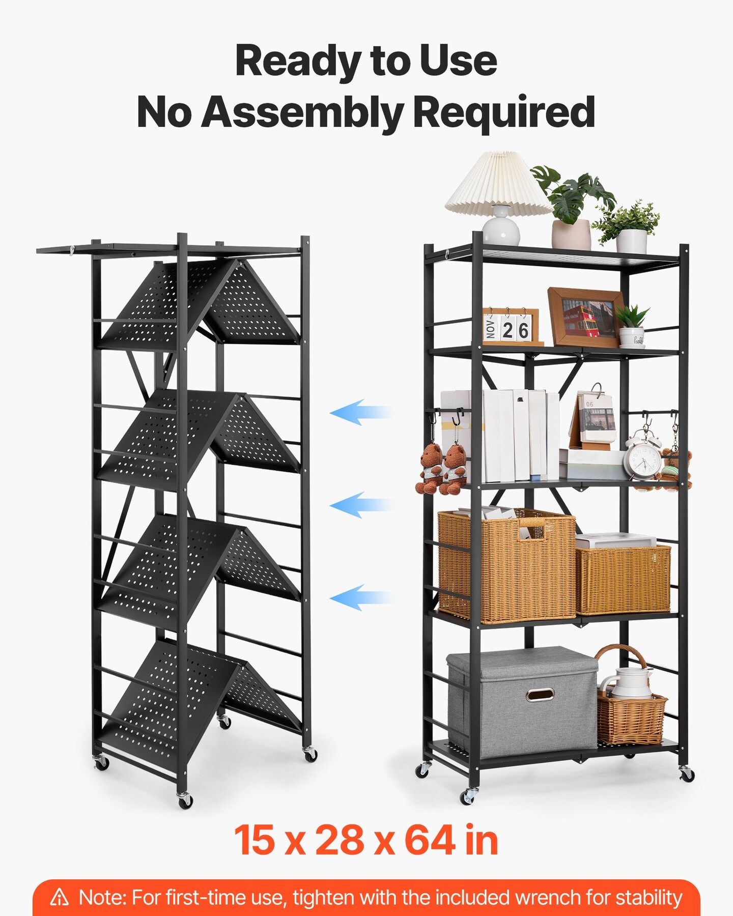Black Carbon Steel 5 Tier Folding Storage Shelf with Wheels and 750 lbs Load