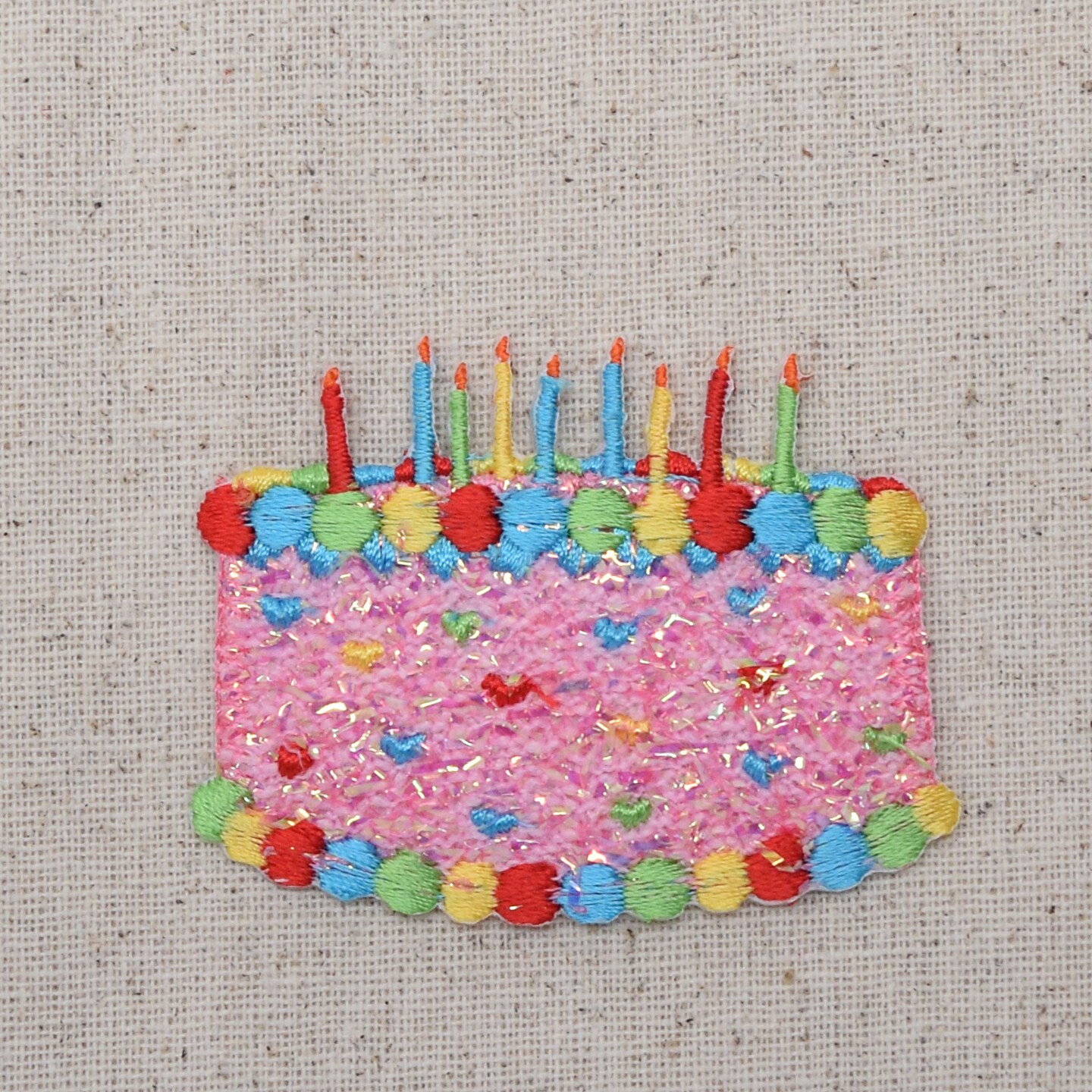 Pink Confetti Shimmery Birthday Cake with Candles, Embroidered, Iron on Patch