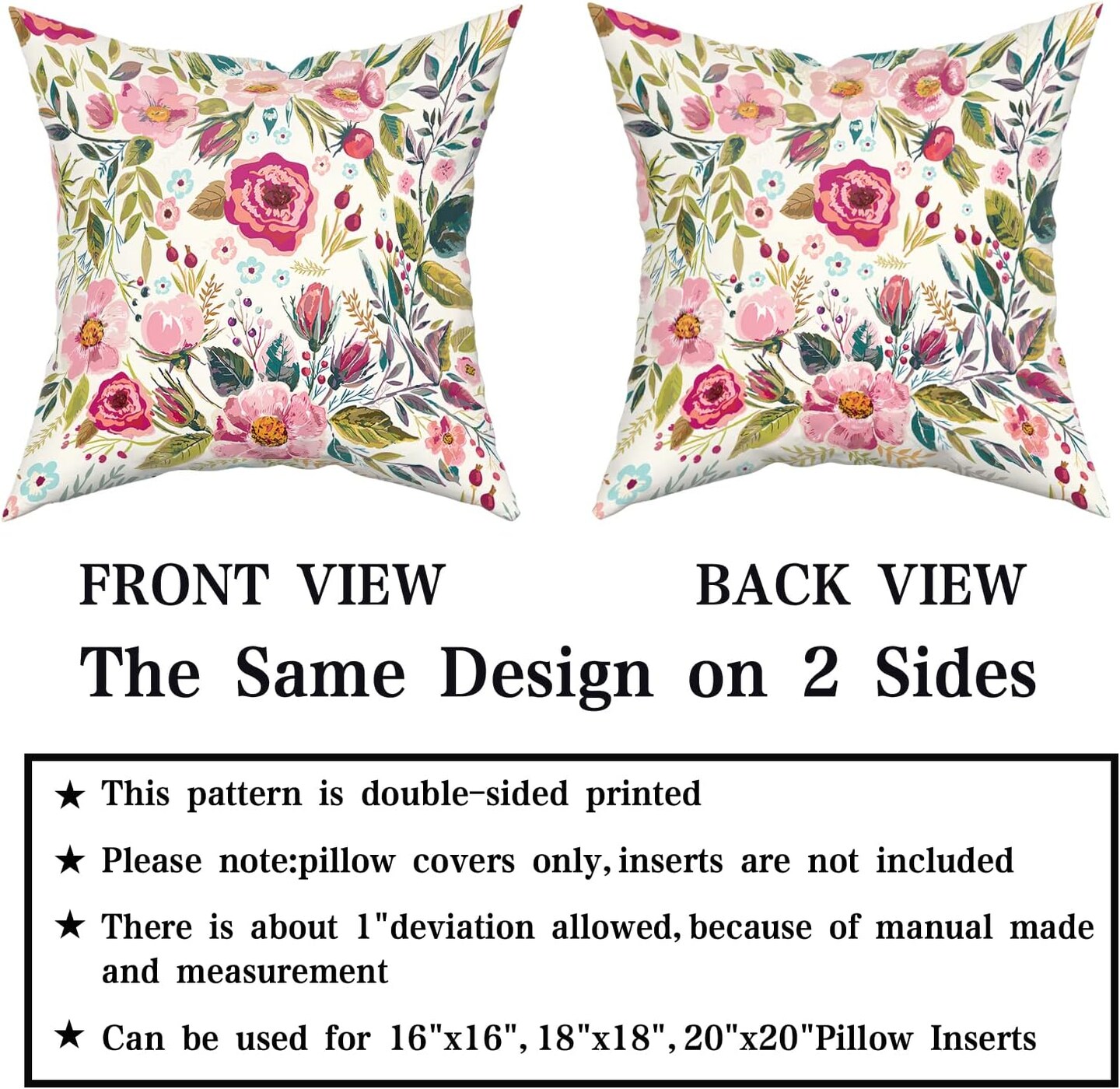 Summer Flower Throw Pillow Covers 18X18 Inch Watercolor Peony Pillowcase Hot Pink Floras With Green Leaves Girly Decorative Square Cotton Cushion Cover Set Of 2 For Home Garden Outdoor Bed Decorations