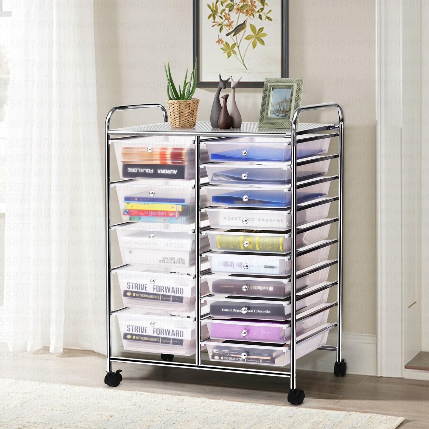 Costway 15 Drawer Art & Craft Rolling Storage Cart Tools Scrapbook Paper Office School Organizer Clear