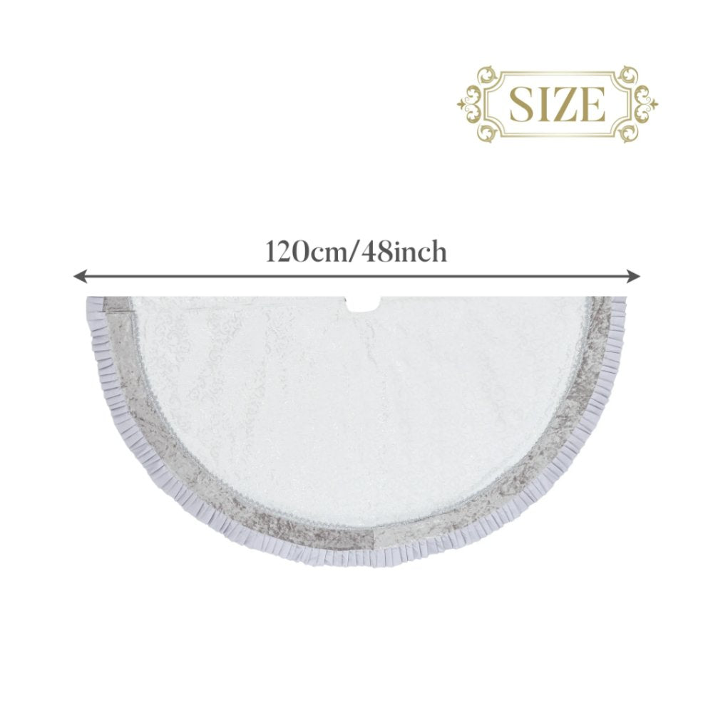 Silver and White Christmas Tree Skirt, 48-Inch Elegant Velvet & Brocade Holiday Tree Base Cover with Pleated Trim