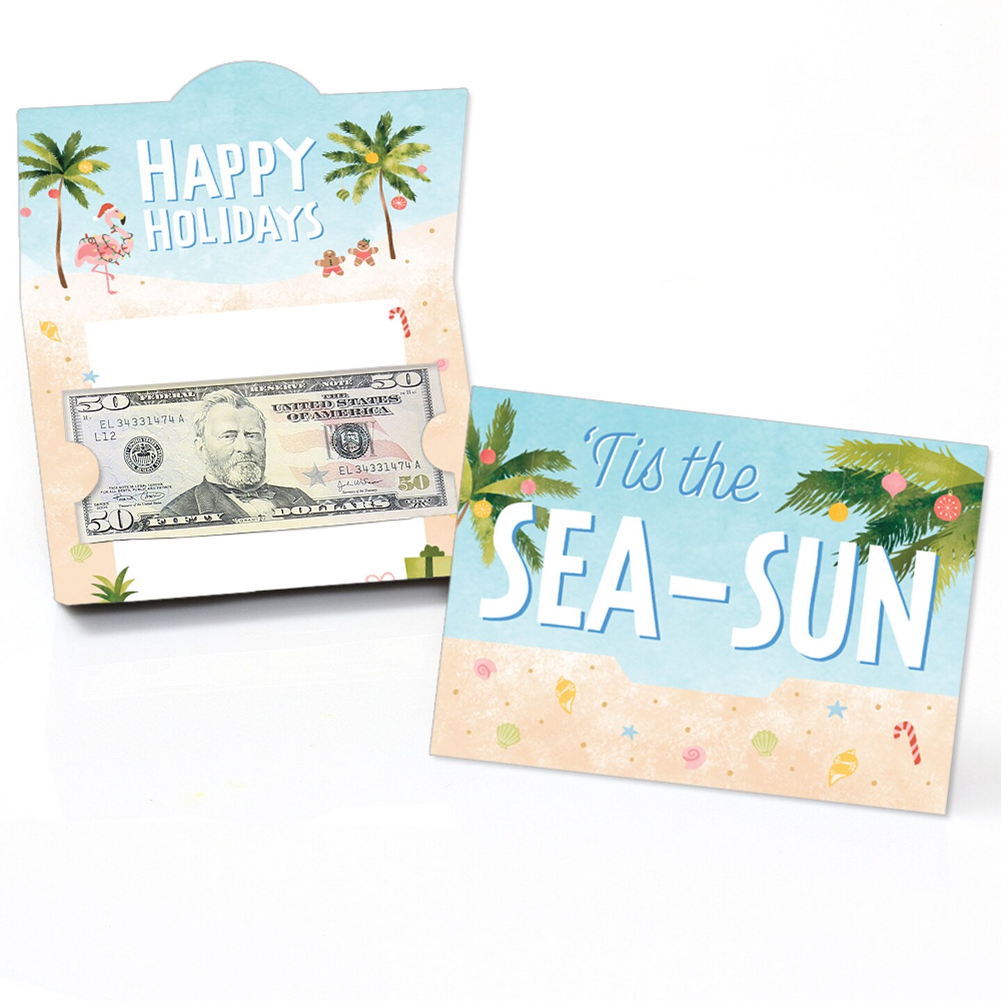 Big Dot of Happiness Beach Christmas Money Cards for Cash with Envelopes, Tropical Holiday Party Gift Card Holders, Money Holders for Cash - Set of 8
