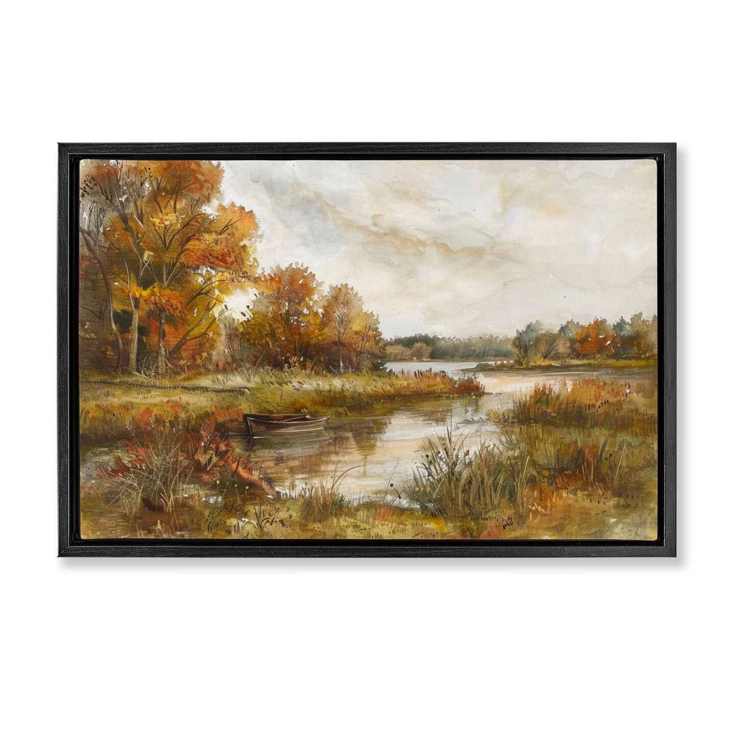 Stupell Industries Fall Scenic River Boat Floater Framed Canvas Wall Art Design by LSR Design Studio