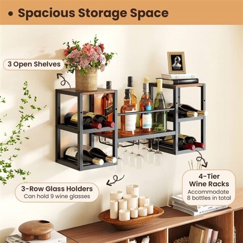 Rustic Brown Wall Wine Rack with 8 Bottle Slots Glass Holders and Extra Storage Shelves