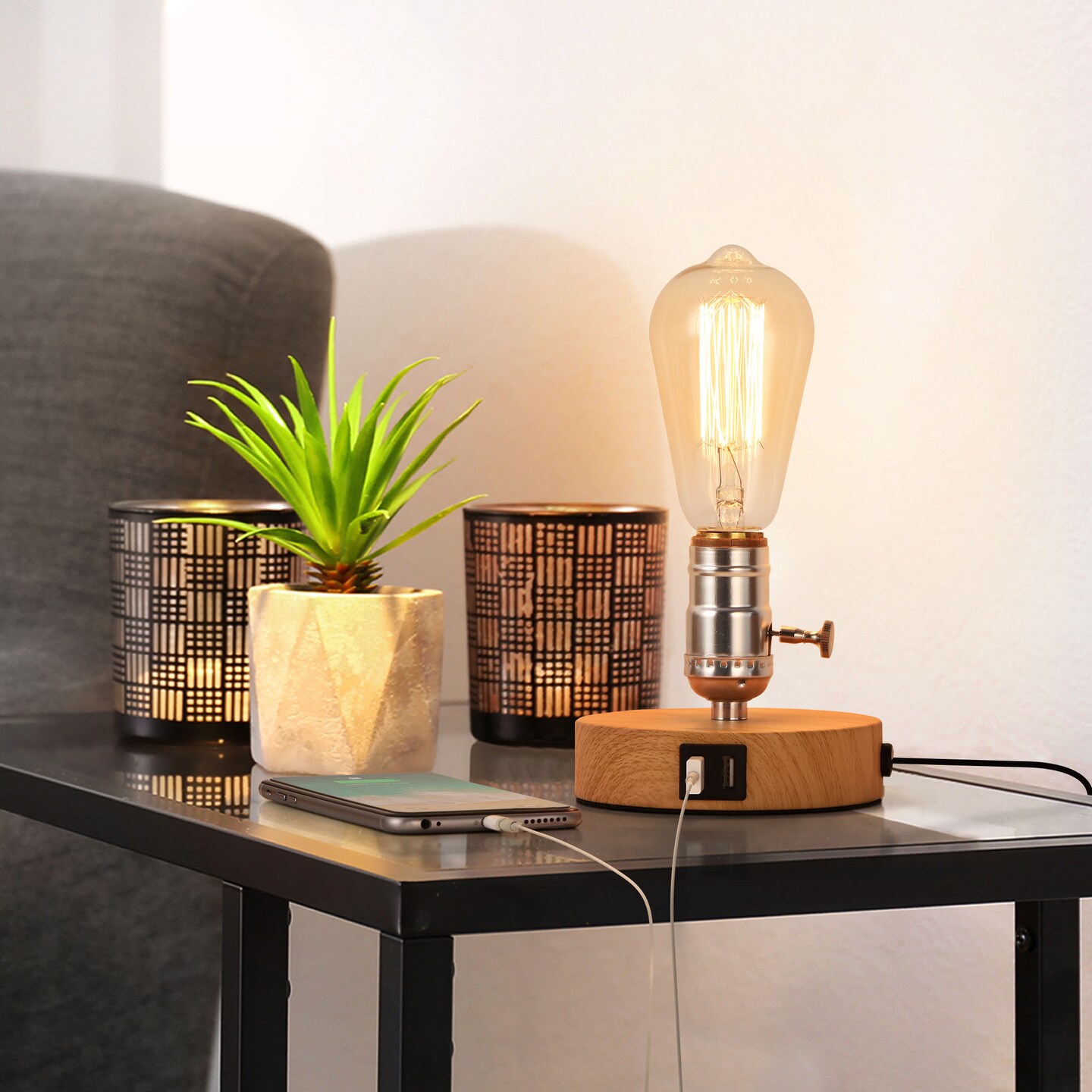 2PCS Vintage Table Lamp with Dual USB ports for Bedroom, Office, Living Room