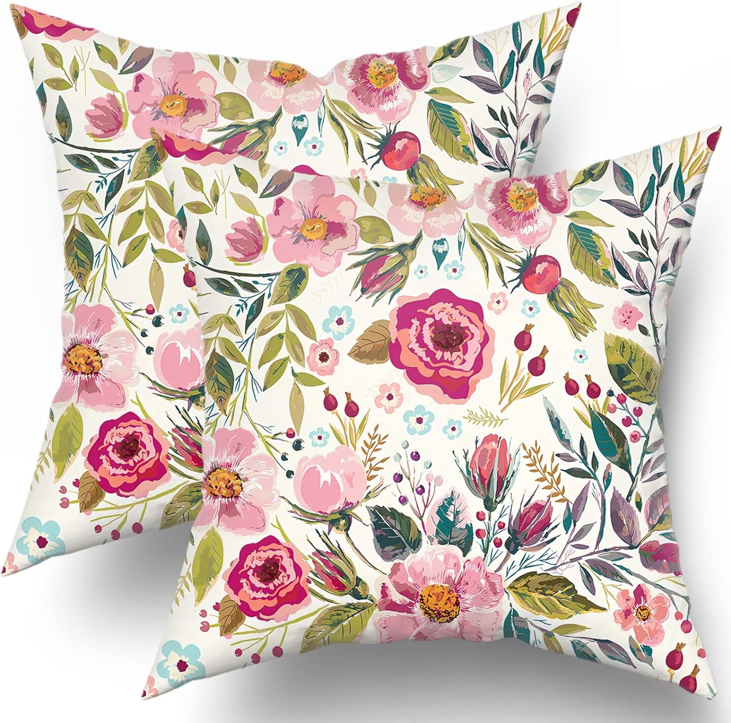 Summer Flower Throw Pillow Covers 18X18 Inch Watercolor Peony Pillowcase Hot Pink Floras With Green Leaves Girly Decorative Square Cotton Cushion Cover Set Of 2 For Home Garden Outdoor Bed Decorations