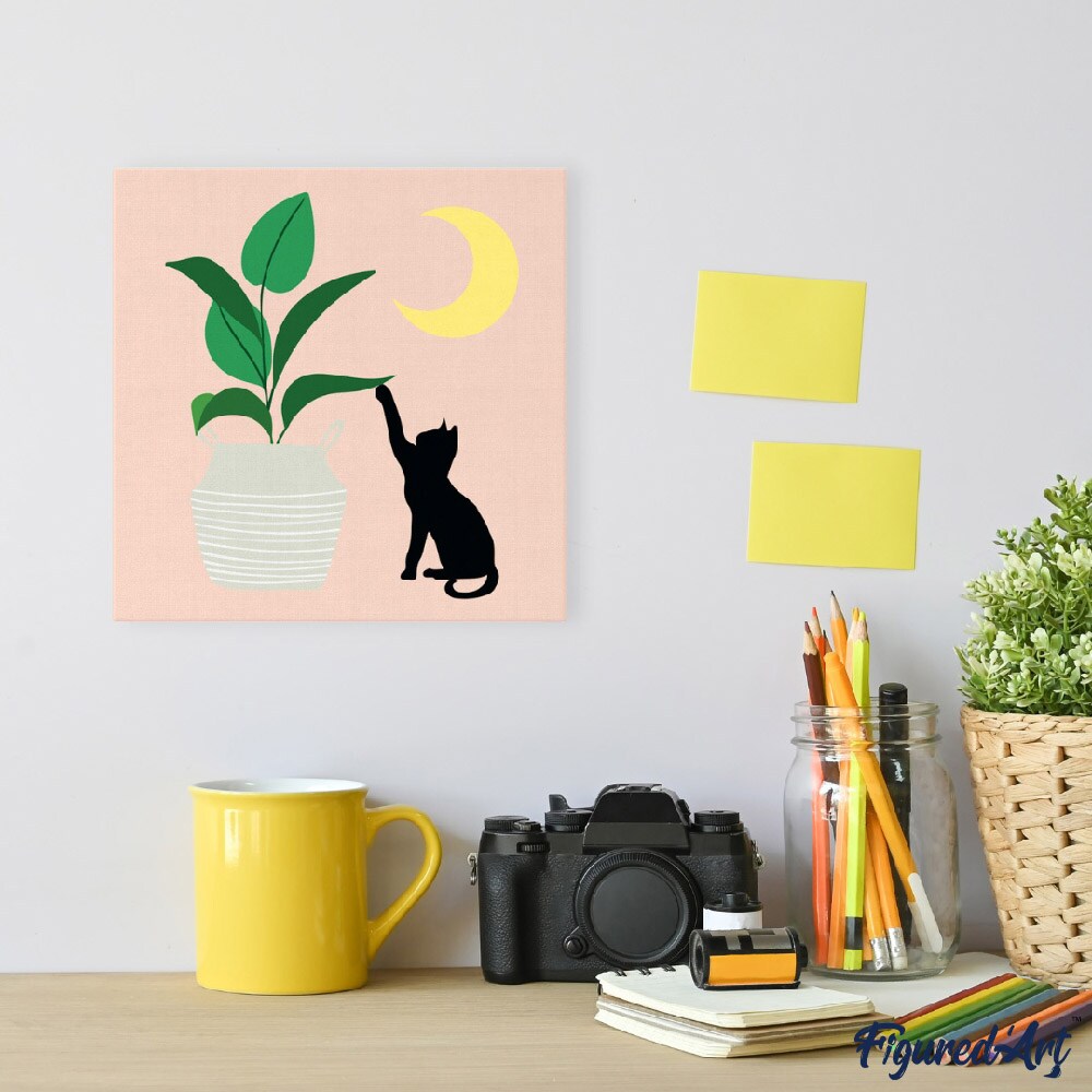 Figured&#x27;Art Mini Paint by Numbers Kit for Adults with Frame Cat plays with plant in the moonlight Small format 8&#x22;x8&#x22; - Craft Art Painting DIY Canvas Already Stretched on a Wooden Frame