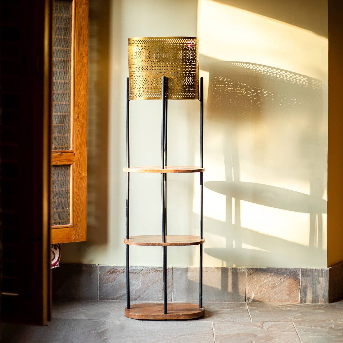 Vintage Floor Lamp with Metal Shade And Four-Tier Wood Shelf - 14.1" x 7.8" x 55.1"