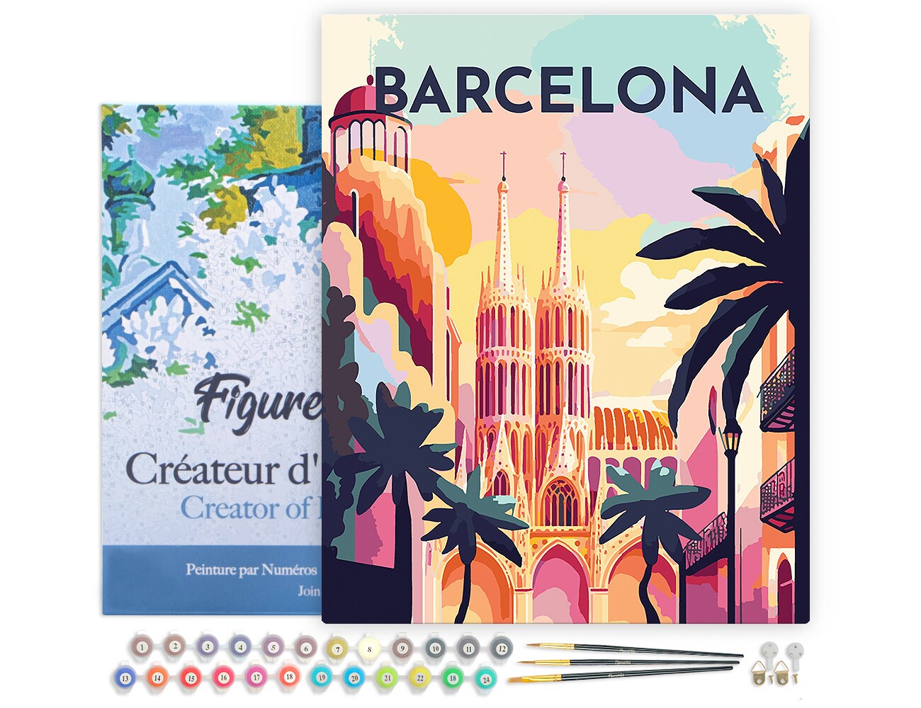 Figured&#x27;Art Paint by Numbers for Adults with Frame Travel Poster Barcelona 16&#x22;x20&#x22; - Craft Art Painting DIY Kit Canvas Already Stretched on a Wooden Frame