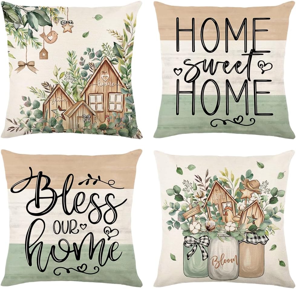 Farmhouse Spring Throw Pillows 18x18 Pillow Cover Set of 4, Colorful Plaid Bless Our Sweet Home Cottage Springtime Summer Seasonal Decorations Cushion Case for Sofa Couch Living Room