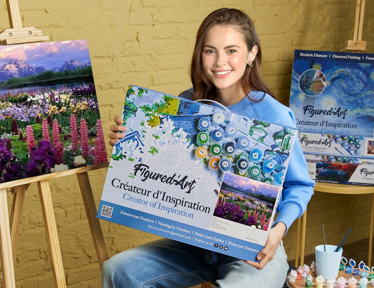 Figured'Art Paint by Numbers Kit for Adults with Frame Flowers and Lake near the Mountain 16"x20" - Craft Art Painting DIY Kit Canvas Already Stretched on a Wooden Frame