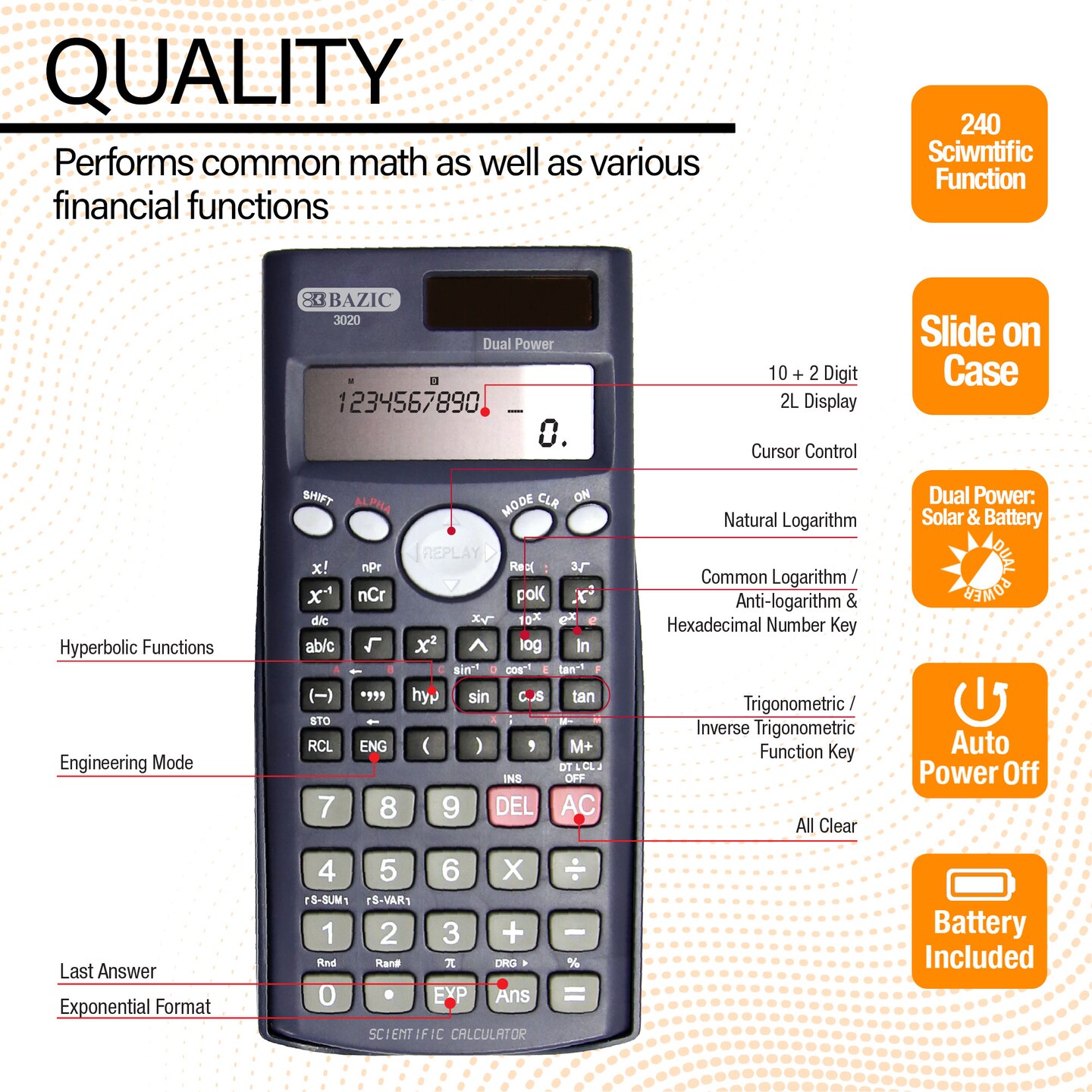 BAZIC Scientific Calculator 240 Function, Slide-On Case