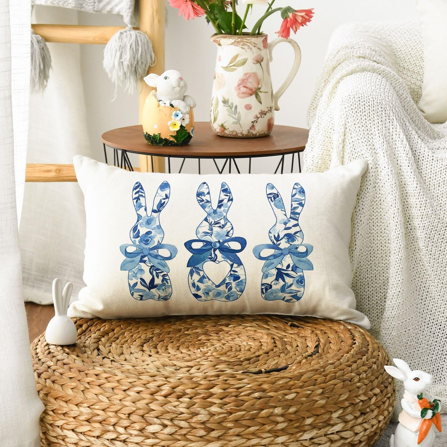 Easter Blue and White Porcelain Color Bunny Throw Pillow Cover, 12 x 20 Inch Flowers Cushion Case Decoration for Sofa Couch